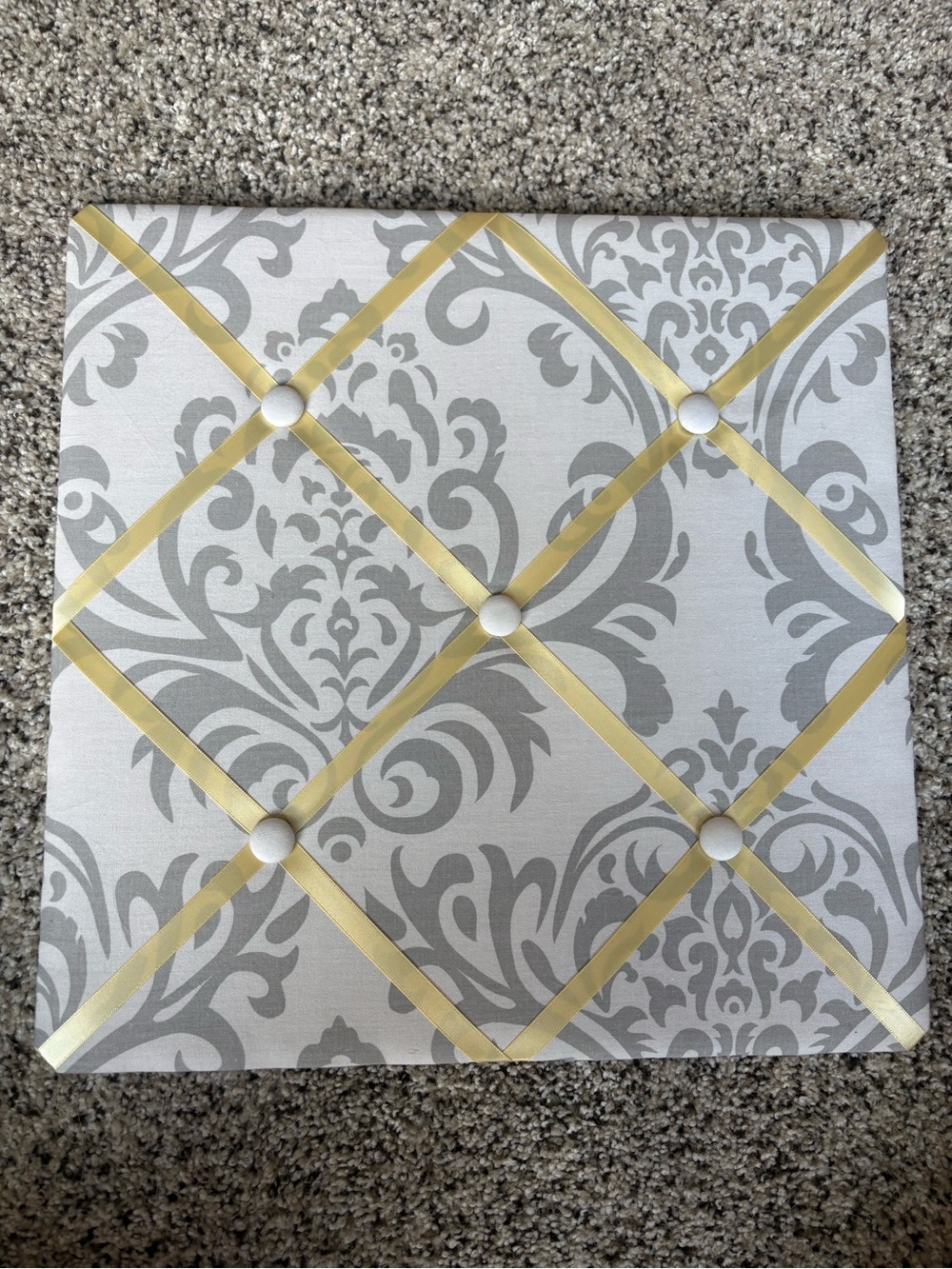 Decorative Ribbon Wall Memory Board - Gray Damask with Yellow Ribbons